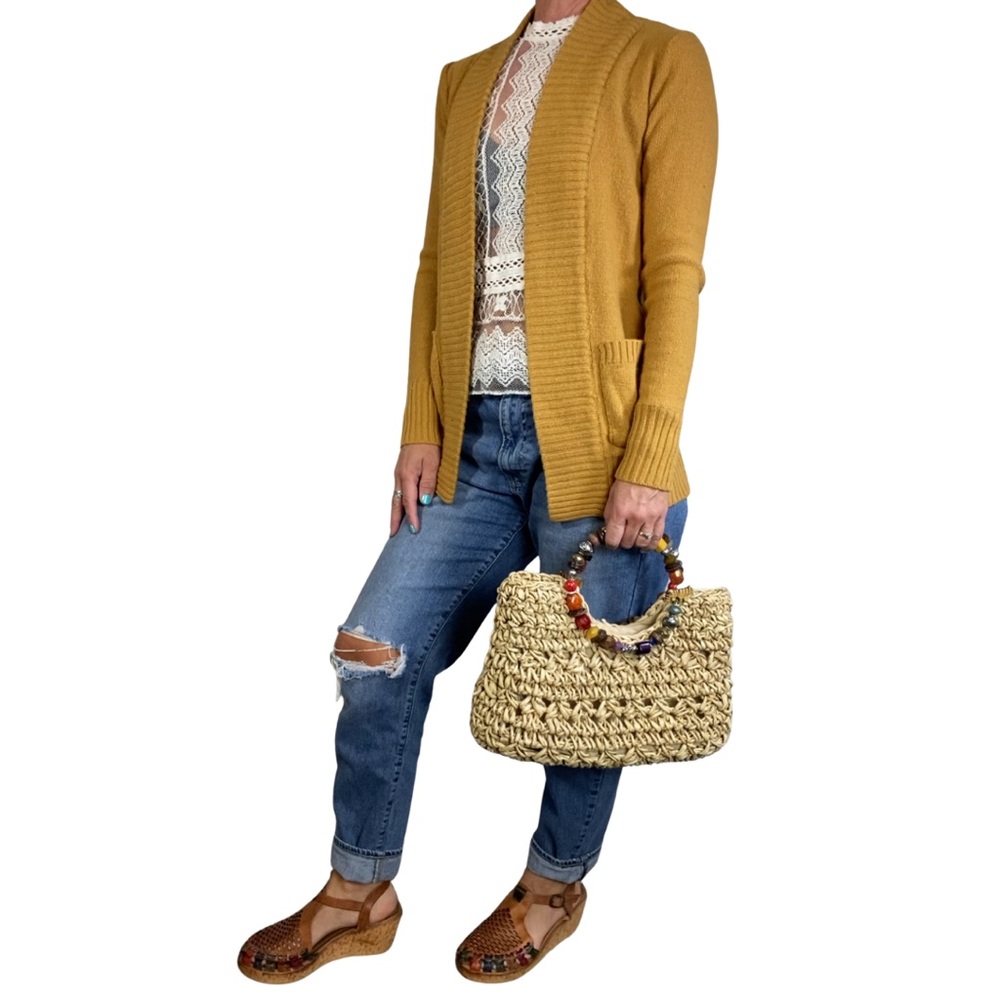 Great for FALL! Mustard Yellow Cardigan | Open Front | Pockets | Small